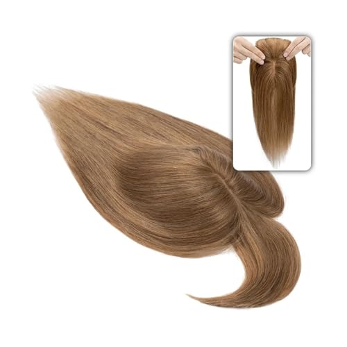 Haartopper für Frauen 6"-18" glattes Echthaar-Topper-Haarteil mit Pony, 7 * 12,5 cm Haar-Topper auf Seidenbasis for Frauen mit schütterem Haar oder Haarausfall, 3-fach einsteckbar Haarteil Topper Toup