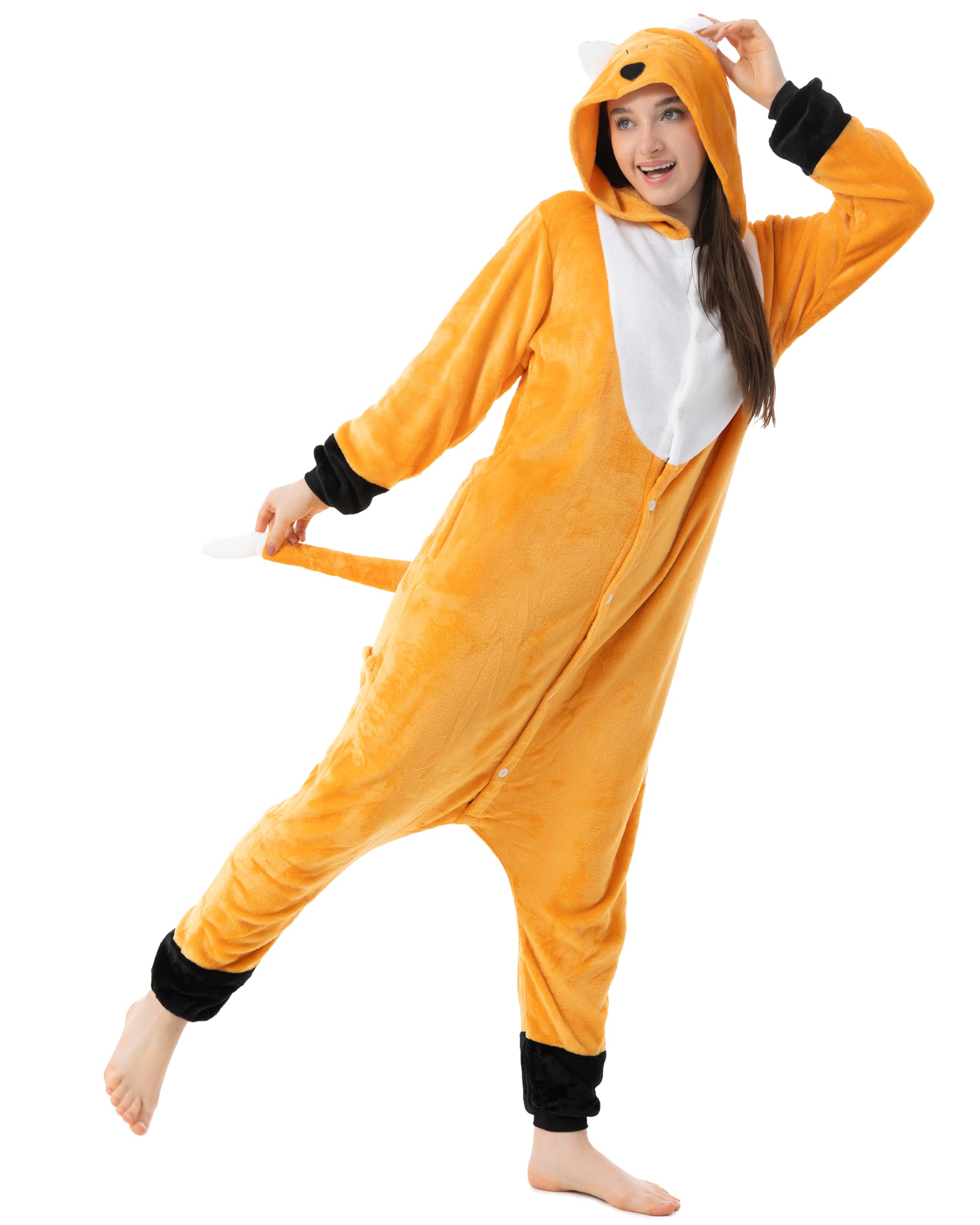 Fuchs Kostüm Anzug Onesie Jumpsuit Einteiler für Erwachsene, Jugendliche, Damen Herren als Pyjama oder Schlafanzug Unisex, L