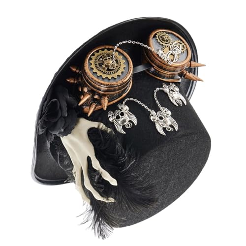 Steampunk-Hut mit flacher Spitze, Halloween-Kostüm, schwarz, Karneval, Zylinder mit Brille und Handskelett für Damen, Steampunks, Hüte für Damen, Steampunks, Mittelalter-Steampunks, Hüte für Damen