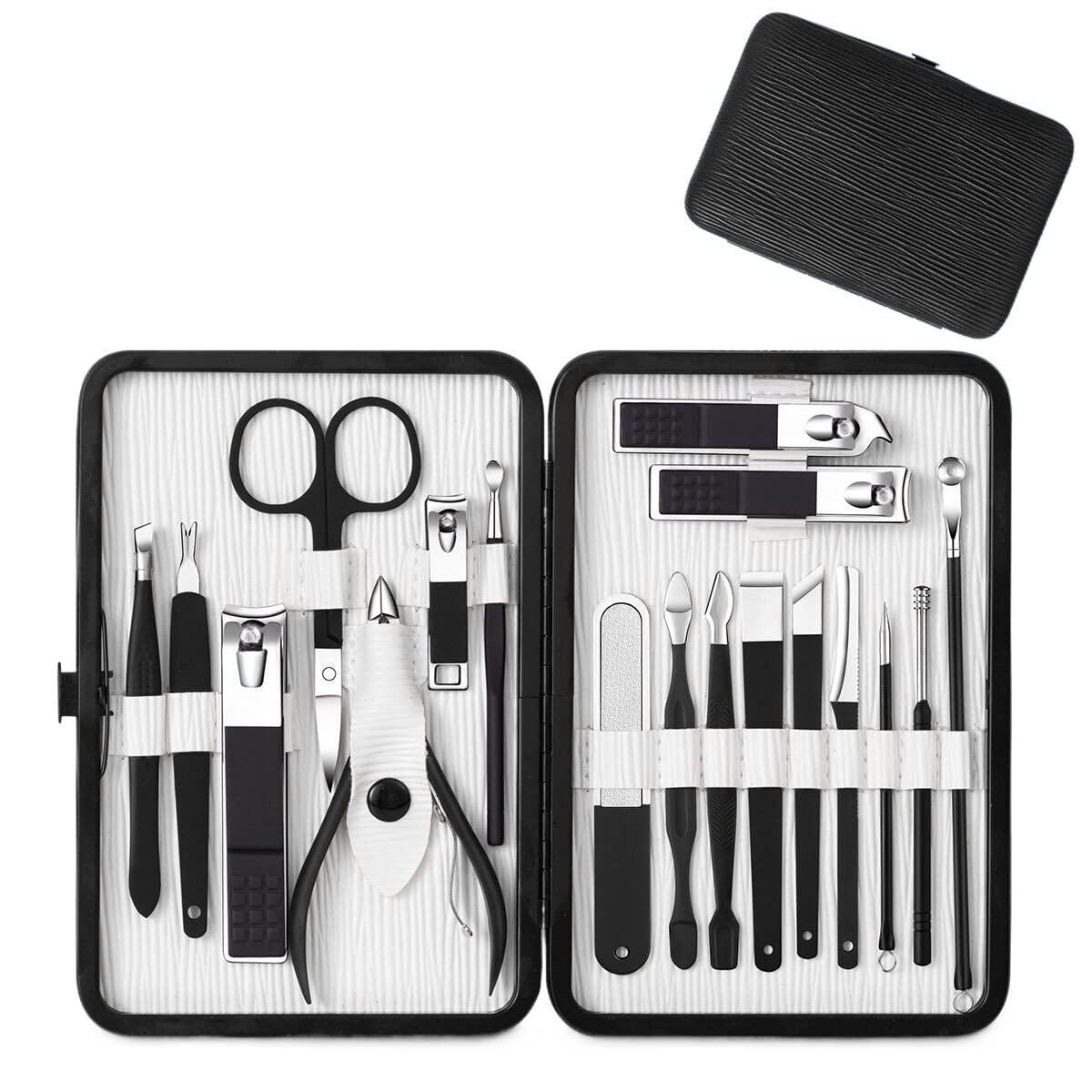 OPKDE Nagelknipser-Set, 7/18-teilig, Schwarz, Edelstahl, Nagelschneider, scharfe Pediküre-Schere, Maniküre-Werkzeug-Set (18-teiliges schwarz)