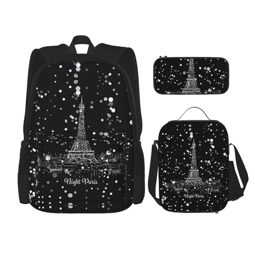 WURTON Night Paris Eiffelturm Druck Schulrucksack 3 in 1 Büchertasche Set mit Lunchbox Federmäppchen Reise Laptop Daypacks