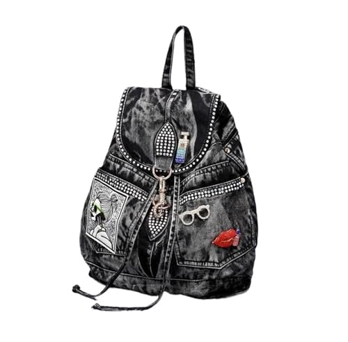 NICHANGHUA Denim Frauen Casual Rucksack Große Kapazität Jeans Umhängetasche Mit Diamant Dec Weibliche Rucksäcke (Color : Black)