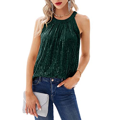 WINDEHAO Damen Pailletten Neckholder Tops Sexy Ärmellos Glitzer Club Party Camisole Glitzer Disco Sparkle Cami Top Blusen Sommer Tops (Grün, M)