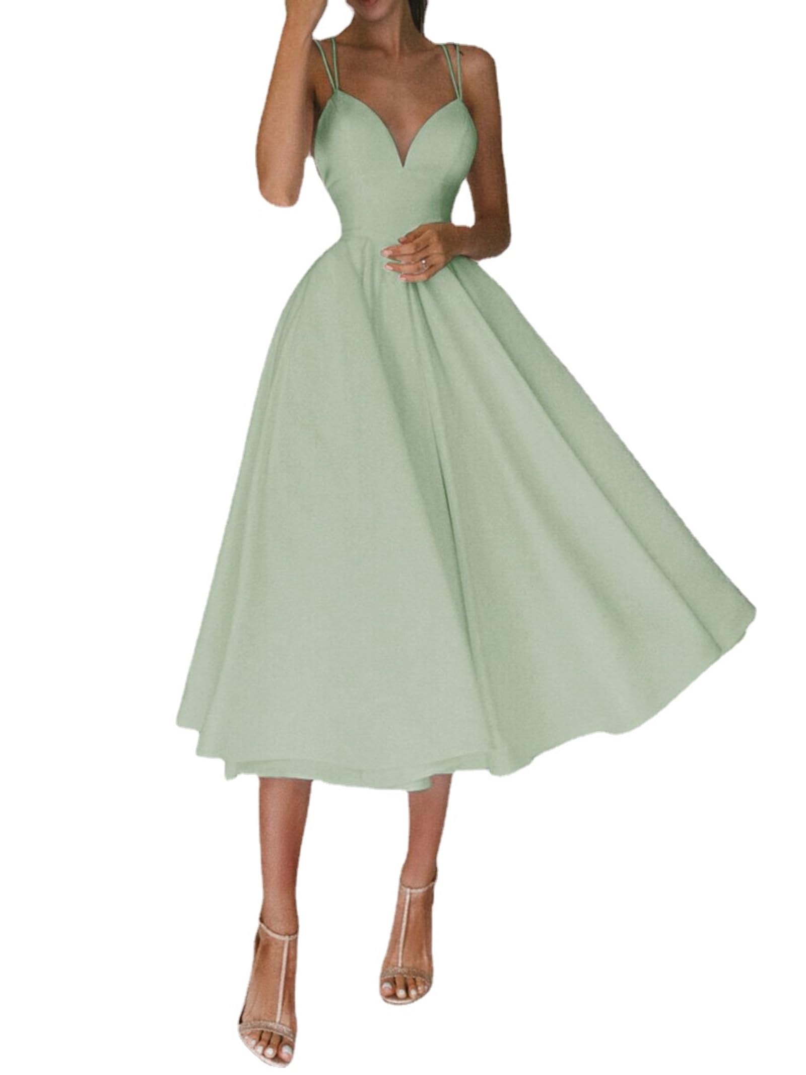 WINDEHAO Elegantes Kleid mit V-Ausschnitt,Damen V-Ausschnitt Spaghetti-Träger Rückenfrei Cocktail Party Kleid Formal Brautjungfer Sonnenkleid (Green,M)