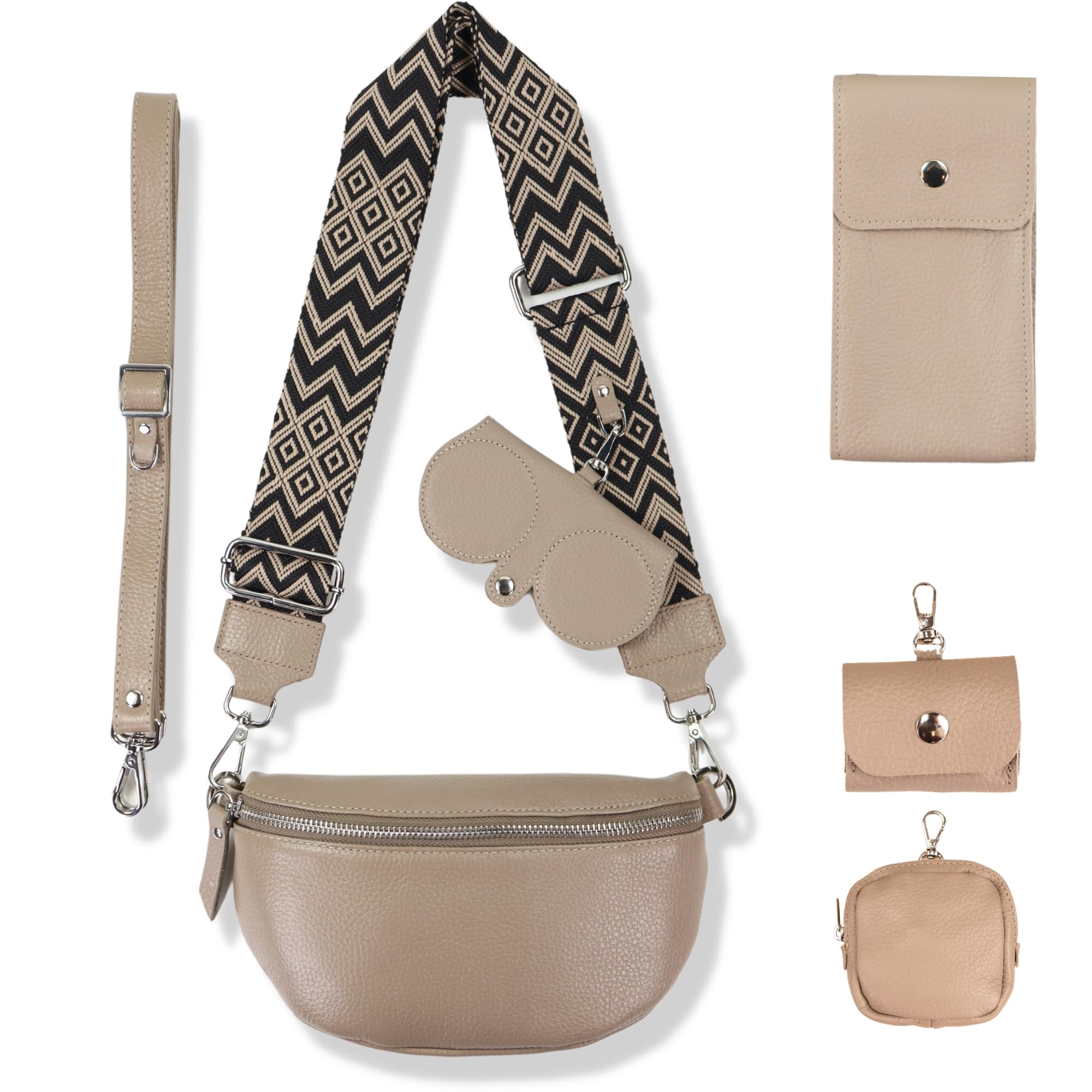 Blade Bauchtasche Damen Echtleder, stylisch Umhängetasche Damen, Crossbody Bag Damen mit 2 Gurten mit Komplettset (Brille Etui+Handytasche+Portemonnaie+AirpodsPROEtui) Beige (Klein/Opt-8)