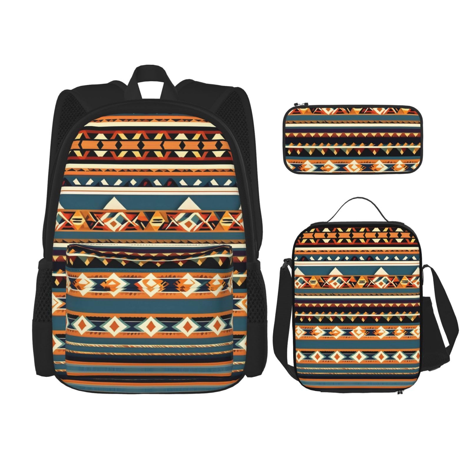 YQxwJL 3-in-1-Rucksack-Büchertaschen-Set, Indianer-Muster, lässiger Reiserucksack, mit Federmäppchen, Lunchtasche, Indianer-Muster, Einheitsgröße