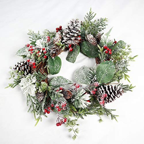 SHATCHI Natürlich aussehende künstliche Schnee-Blätter, Blumen, Tannenzapfen und Beeren Girlande Haustür Hängende Weihnachtsdekorationen Xmas Hochzeit Dekor, Grüner Kranz 60cm