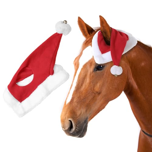 NRTFE Weihnachtsmütze für Pferd, Reiten, Weihnachten, Urlaub, Fleece-Kappe mit Glöckchen, Haustier-Kostüme, Weihnachten, Einohr, Schlupfschuh