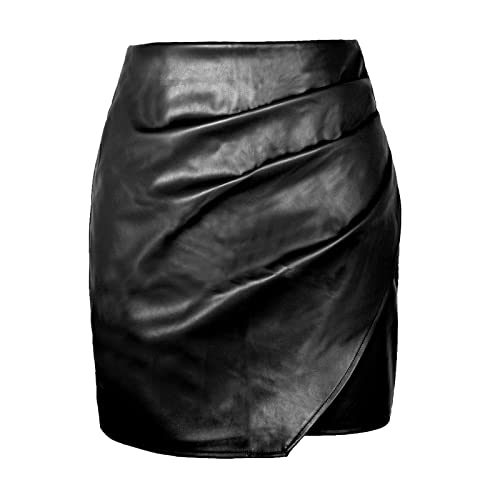 WINDEHAO Damen Sexy Hohe Taille Minirock, unregelmäßiger PU-Lederrock, Nachtclub, Mädchen, Tasche, Hüfte, Reißverschluss, Faltenrock, Schwarz , 48