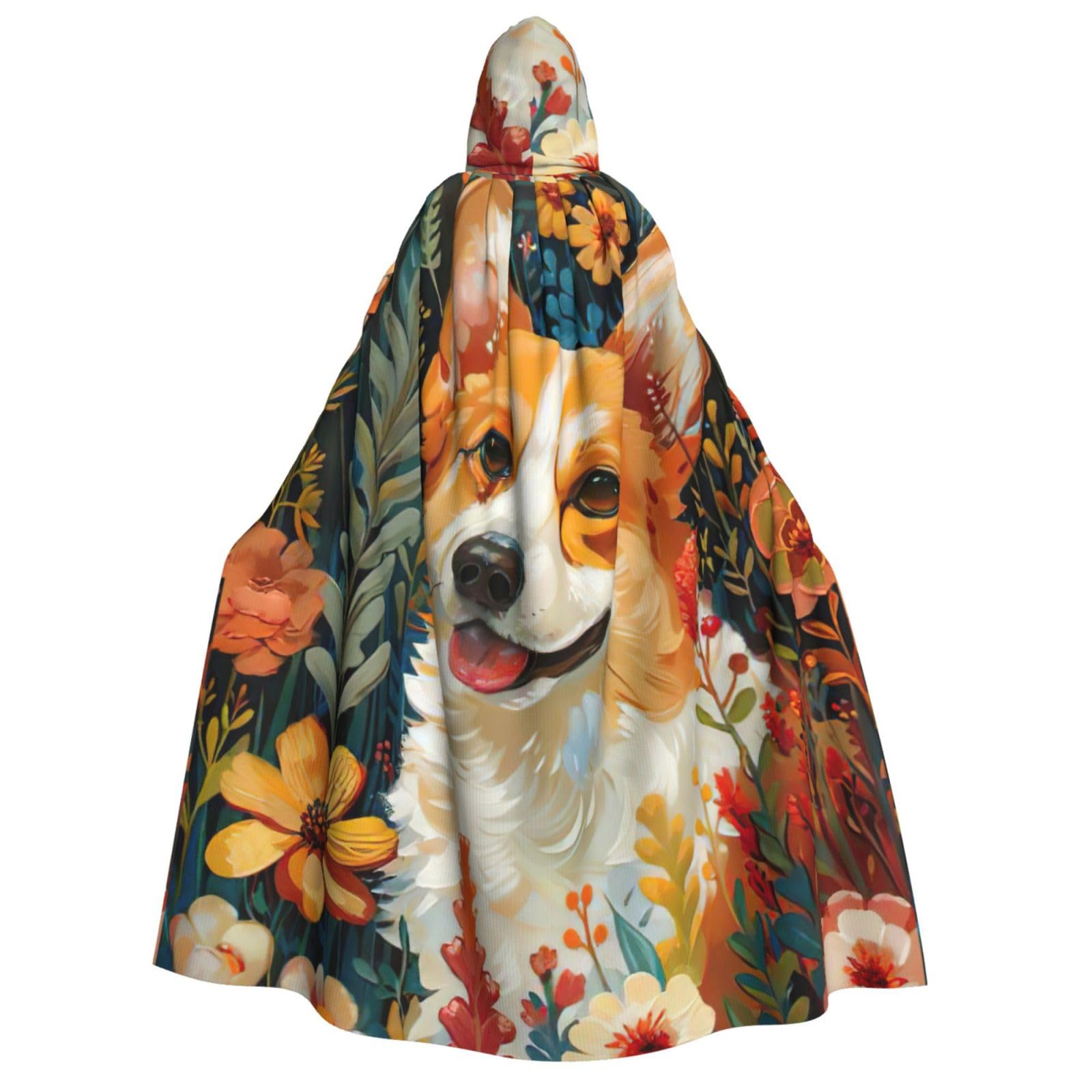 WURTON Corgi Kapuzenumhang mit Blumenmuster, Frühlingsgarten-Druck, Unisex, Halloween, Karneval, Vampir, Cosplay, Umhang mit Kapuze