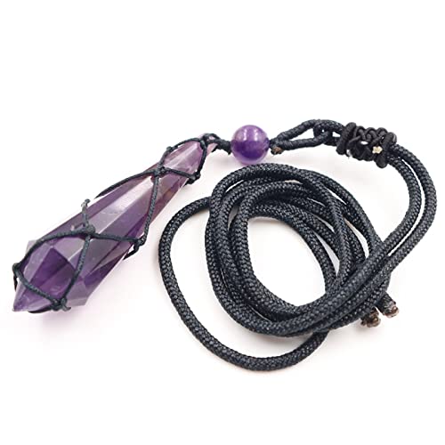 Damen Herren Natürlicher Weißer Kristall Schwarzer Onyx Große Facettenreiche Sechseckige Säule Anhänger Handgefertigtes Seil Langer Stein Halskette Schmuck, Amethyst