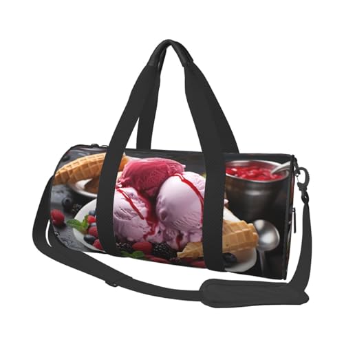 Raspberry Ice Cream Reisetasche, Handgepäcktasche, Wochenendtasche, Übernachtungstasche, Sport, Turnbeutel für Damen und Herren, faltbar, runde Reisetasche für Reisen, Sport, Fitnessstudio, Schwarz,