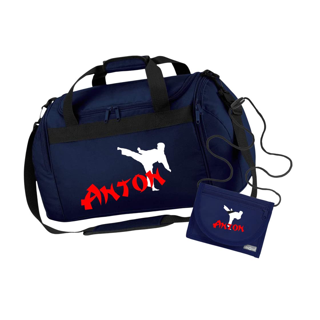 Sporttasche Karate mit Namen für Jungen | Personalisierte Kinder-Reisetasche Kampfsport Judo | Groß für Sport-Verein (dunkelblau 2-TLG. mit Geldbeutel)