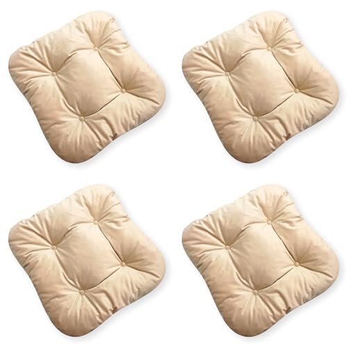 4L Textil 4er Set Stuhlkissen mit Bändern Indoor & Outdoor Sitzkissen 45x45 Gartenstuhlauflagen Sitzauflagen Bodenkissen 40x40 (Beige, 4er Set | 45x45 cm)