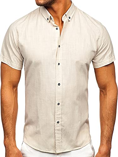 BOLF Herren Kurzarmhemd Sommerhemd Freizeithemd Strandhemd Urlaub Hemd aus 100% Baumwolle Atmungsaktiv Stoff Dünnes Hemd für Sommer Slim Fit Button Down Casual Style 20501 Ecru M [2B2]