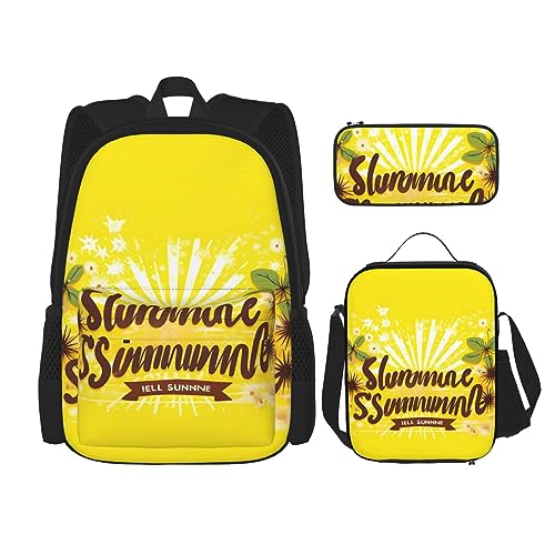 WURTON Gelber Hintergrund mit Hello Sunshine Druck Reise Lunchbox Federmäppchen Rucksack Set 3 Stück Verstellbare Träger Leicht