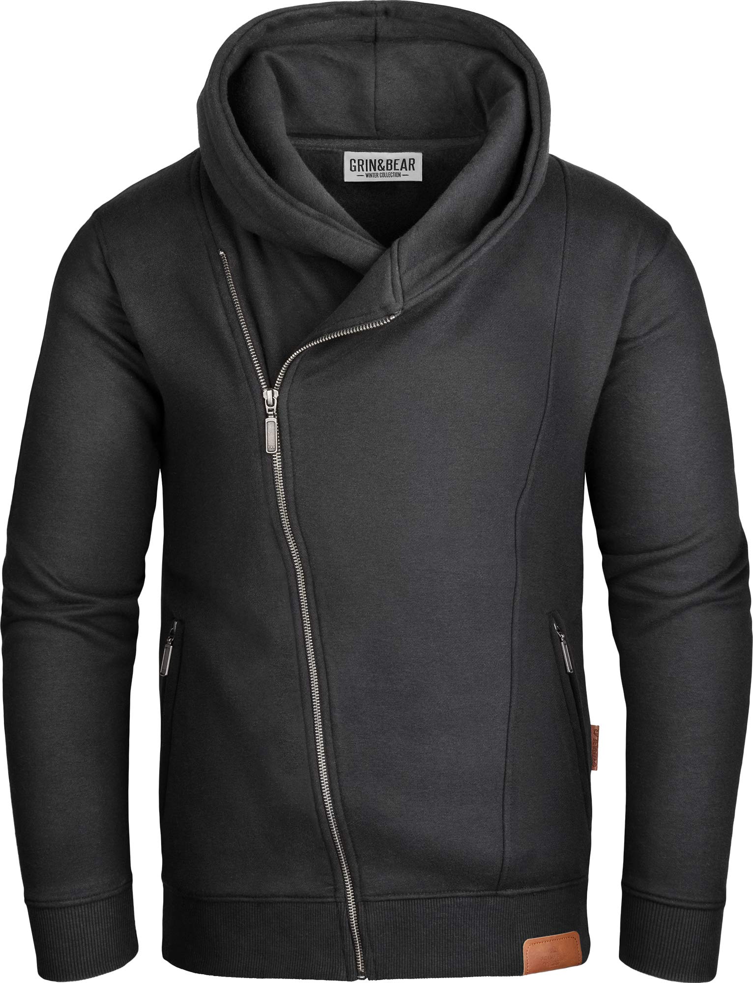 Grin&Bear Herren Kapuzenpullover mit schrägem Reissverschluss in schwarz, XXL, GEC016