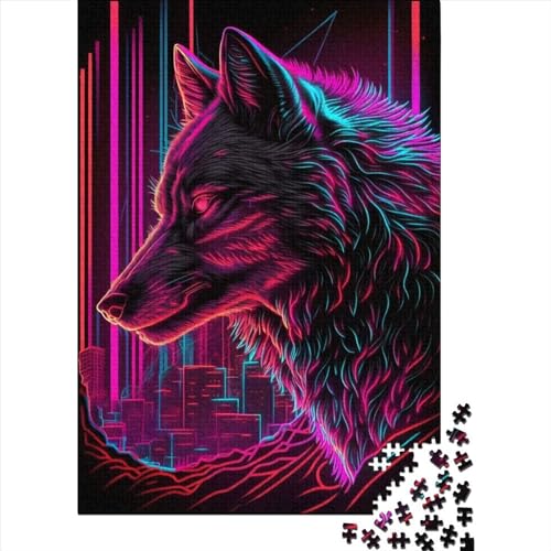 1000-teiliges Puzzle für Erwachsene und Teenager, Wolf, Retrowave, Holzpuzzle für Erwachsene, schwierige, anspruchsvolle Puzzles, 1000 Teile, 75 x 50 cm