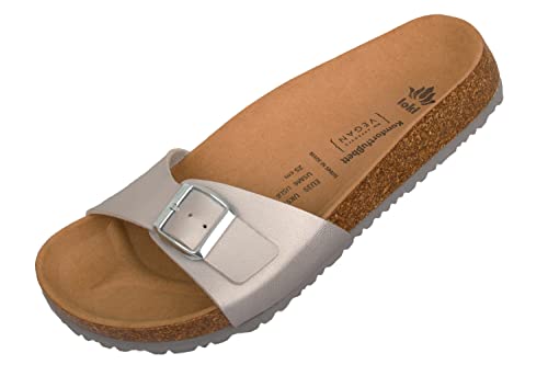 loki GRETA by Pantolette für Damen I nachhaltig & vegan, PETA-zertifiziert I flexible EVA-Laufsohle & Memory-Korkfußbett I modische Einriemer-Sandalen, Allergiker-freundlich I 41 in Silber