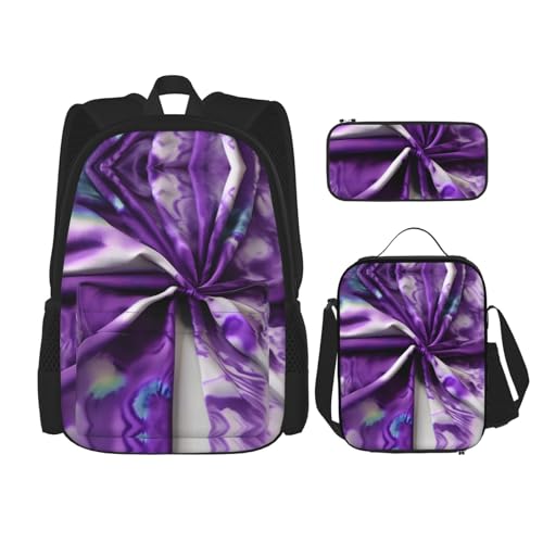 YQxwJL 3-in-1-Rucksack-Büchertaschen-Set, Feuerwehrmann, Flammen-Druck, lässiger Reiserucksack, mit Federmäppchen, Lunchtasche, Violette Batikblume, Einheitsgröße