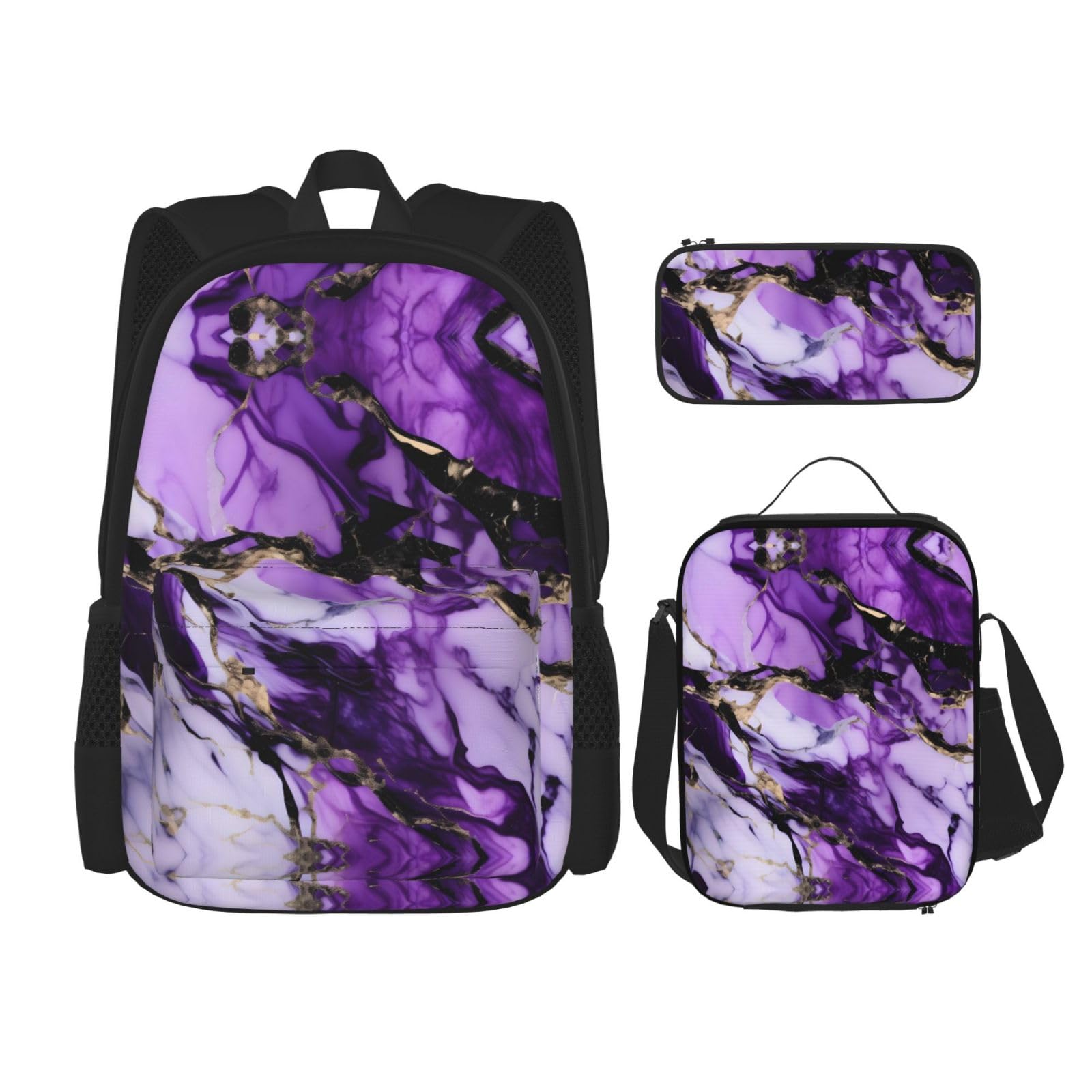 YQxwJL 3-in-1-Rucksack-Büchertaschen-Set, violettes Rosen-Skelett-Druck, lässiger Reiserucksack, mit Federmäppchen, Lunchtasche, Violetter Marmor, Einheitsgröße