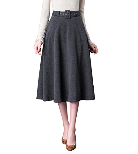 Damen Retro Elegante Hohe Taille Midi Wollrock a Linie Passenden Gurt Herbst Winter Warm Mode Röcke Langen Wolle Rock Ausgestelltem Feste Farbe Rock (M (Taille: 68 cm, Länge: 75 cm), Grau)