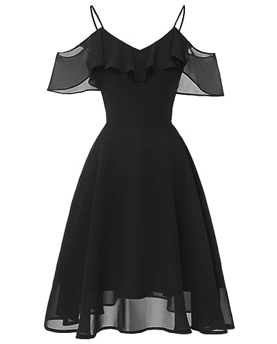 Damen A-Linie Chiffon Kurze Brautjungfer Kleider V-Ausschnitt Formale Prom Party Kleid, Schwarz , 58