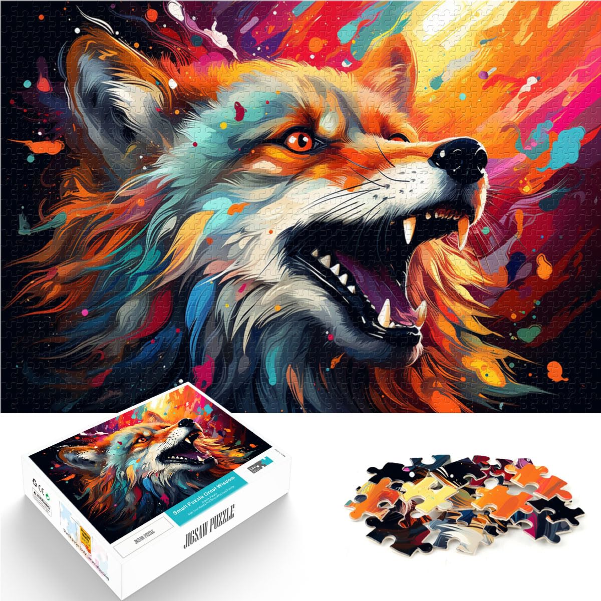 Puzzle-Geschenk, farbenfroher Art-Fuchs, 1000-teiliges Puzzle für Erwachsene, Holzpuzzle mit vollständig ineinander greifenden und zufällig geformten Teilen, 1000 Stück (50 x 75 cm)