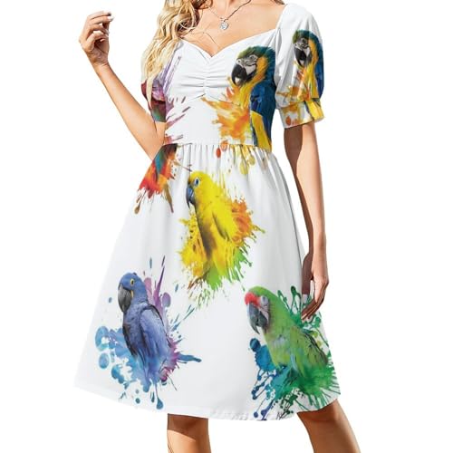 HABXNJF Damenkleid, V-Ausschnitt, Puffärmel, 3D-Aquarell-Papageienkleid, Damenkleider, 3D-Aquarell-Papagei., XS