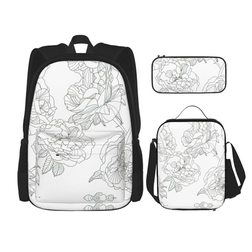 WURTON Linien-Blumen-Rosen-Blumen-Design-Druck Rucksack Mädchen Jungen Schultaschen Teenager Lunchbox und Federmäppchen 3 in 1 Büchertaschen Set