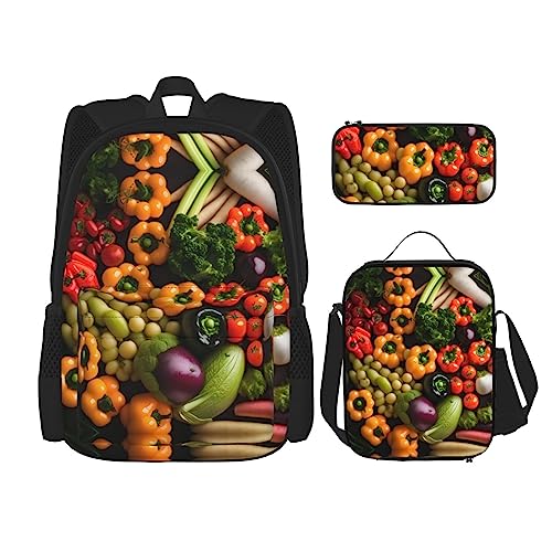 WURTON Sorte Frische Gemüse Obst Druck Lunchbox Federmäppchen Rucksack Set 3 Stück Verstellbare Träger Langlebig Leicht, Schwarz, One Size