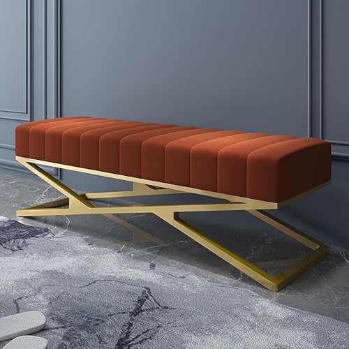 Moderne, mit Samt gepolsterte Eingangsbank mit X-förmiger Metallbasis – Schlafzimmersitzbank zur Schuhaufbewahrung – dekorative getuftete Aufbewahrungsbank, Orange, 100 x 38 x 43 cm (39 x 15