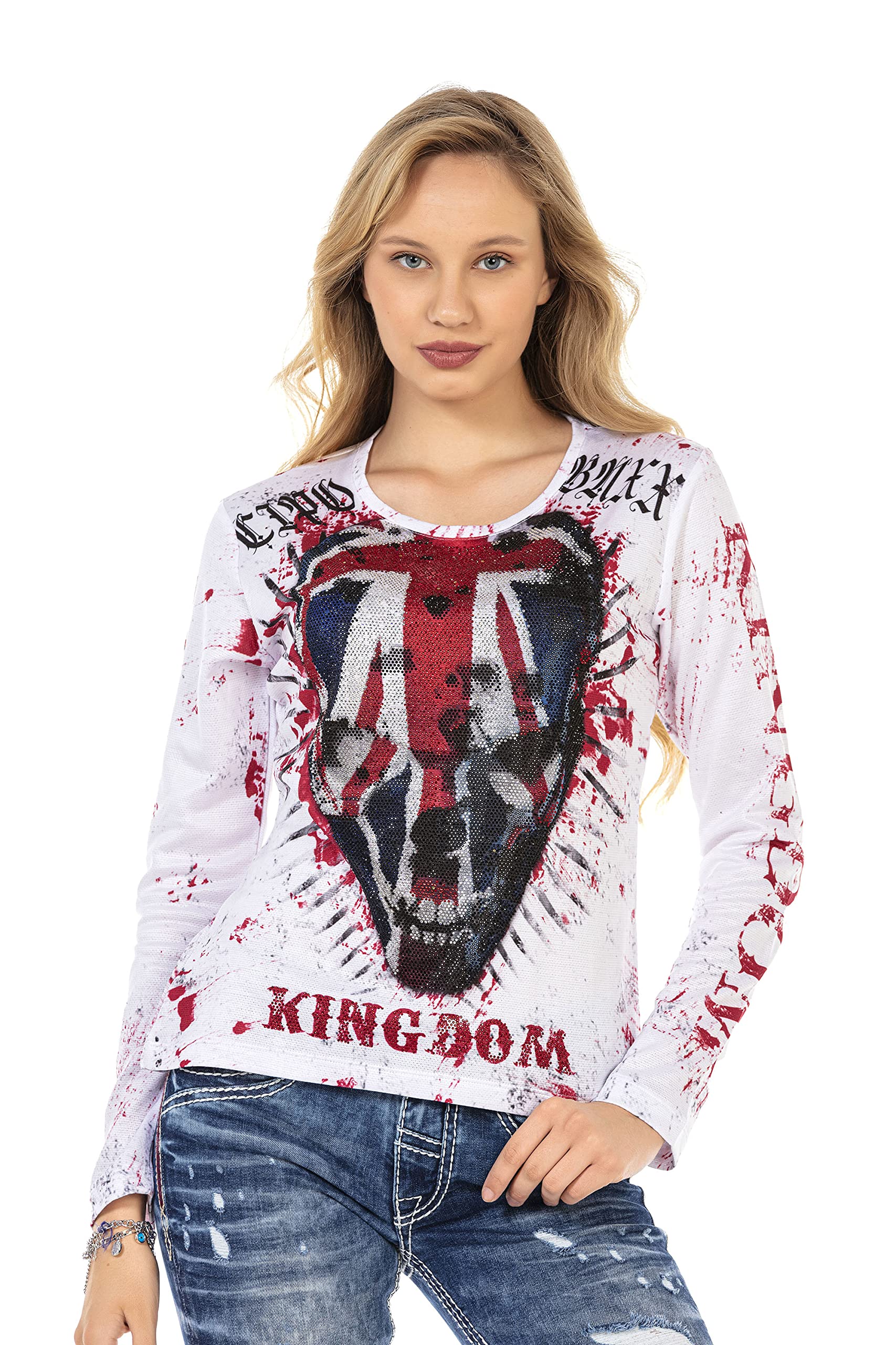 Cipo & Baxx Damen Sweater Langarm Sweatshirt Pullover Longsleeve Totenkopf Print WL287 Weiß M