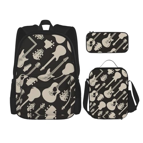 WURTON Schulrucksack-Set mit Gitarrenmuster, 3-in-1, Büchertaschen-Set mit Lunchbox, Federmäppchen, Reise-Laptop-Tagesrucksäcke