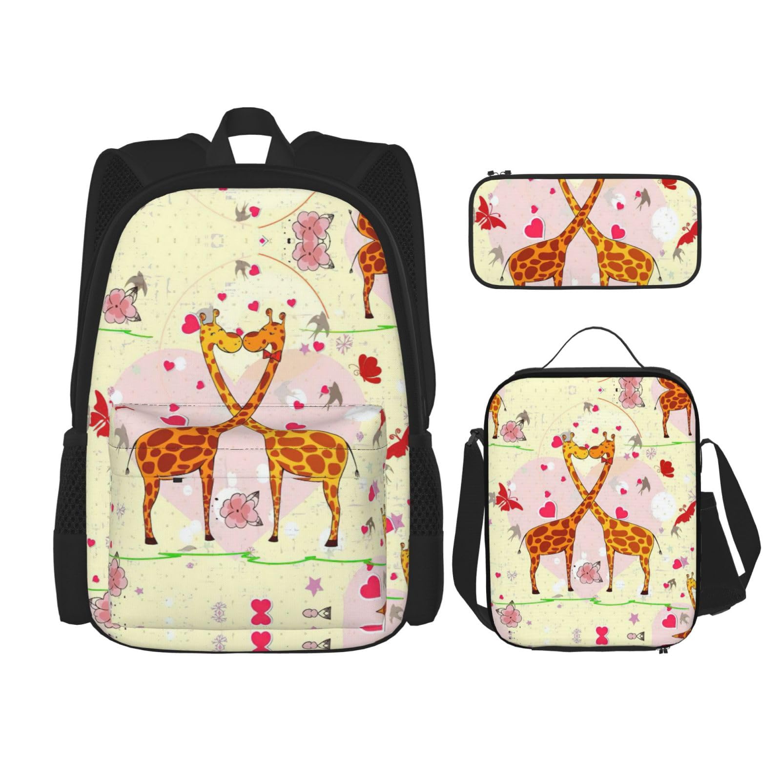 WURTON Rucksack mit Giraffenmotiv, Herz-, Blumen- und Schmetterlings-Druck, trendiger Rucksack, Lunchbox, Federmäppchen, 3-in-1, verstellbares Rucksack-Set