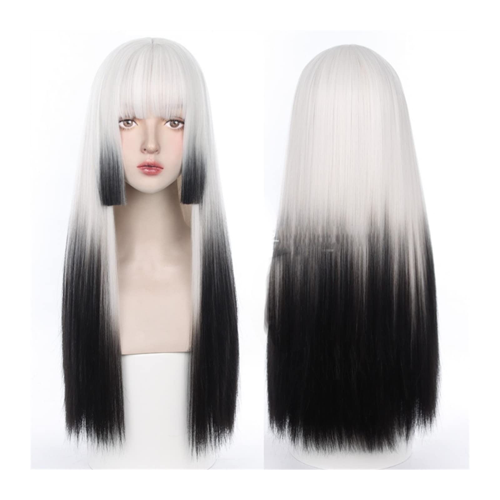 Perücke für Frauen Weiße Perücke mit schwarzem Farbverlauf und ordentlichem Pony, 68 cm lange gerade Perücke mit Pony, natürliche synthetische Party-Cosplay-Kostüm-Halloween-Perücke Human Hair Wig