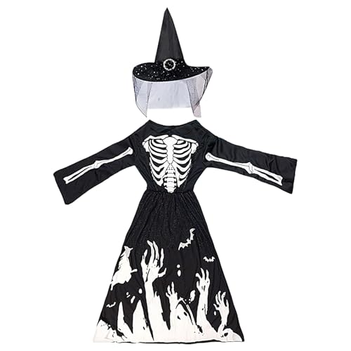 Nbhuiakl Prinzessin Hexe Skelett Kostüm,Kinder Skelett Hexe verkleiden - Skeleton Reaper Dress Up,Skelett-Deluxe-Halloween-Kostümset für Mädchen für Thementreffen und Halloween-Tänze