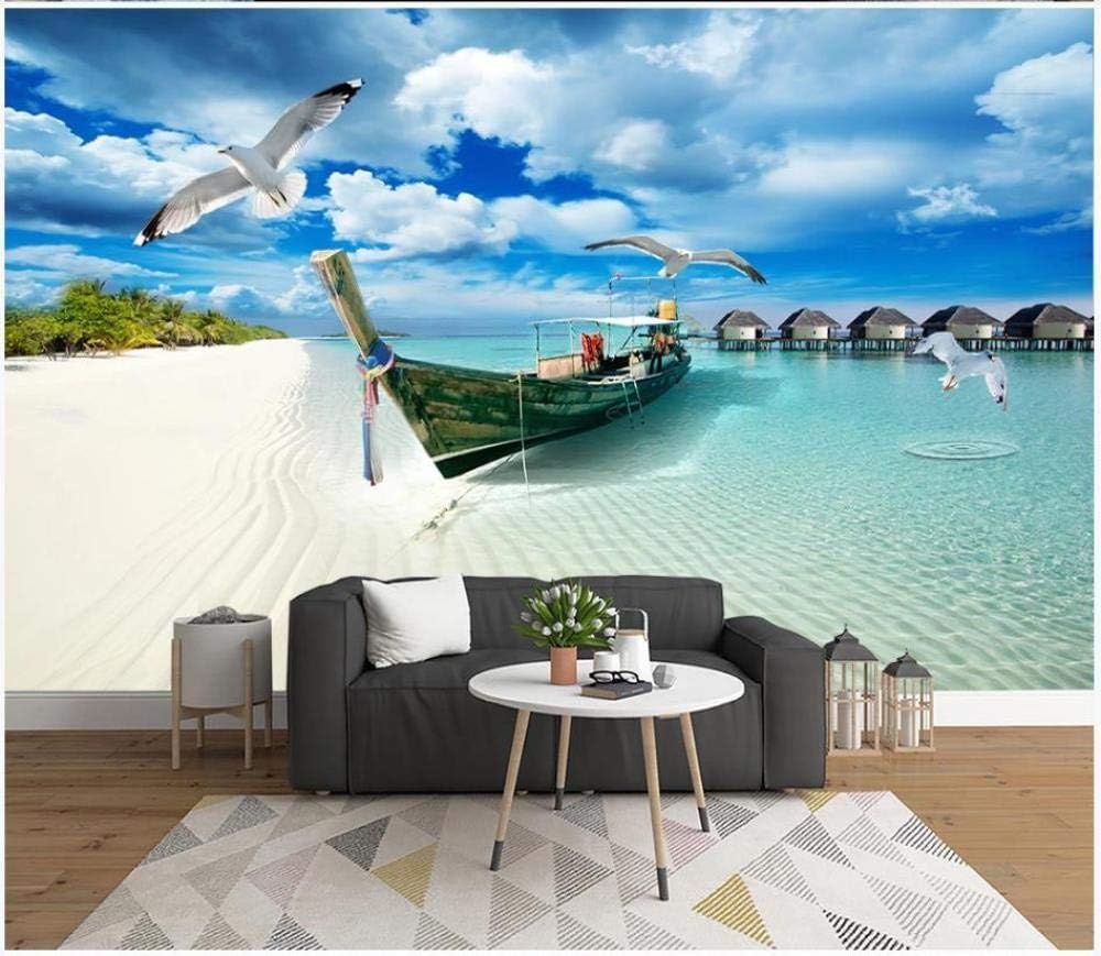 Blauer Himmel Weiße Wolken Strände Boote Möwen 3D Tapete Poster Restaurant Schlafzimmer Wohnzimmer Sofa TV Dekorative Wand-400cm×280cm