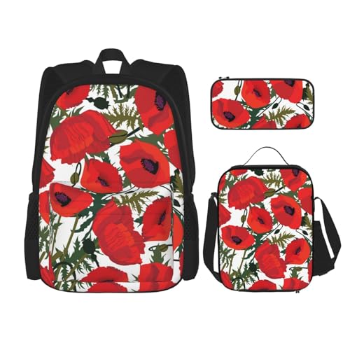 Mehrzweck-Schultasche mit niedlichem buntem Hundepfoten-Design, mit passendem Federmäppchen und Lunch-Tasche, stilvolle All-in-One-Lösung, Mohnblumen-Muster, Einheitsgröße