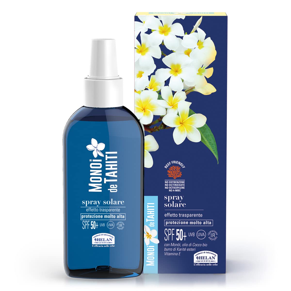 Helan, Monoï de Tahiti - Sonnenspray 50+ transparenter Körper, Sunscreen mit Kokosöl, reiner Sheabutter und Vitamin E, Sonnenschutz 50+ LSF, sehr hoch, nicht fettend und fleckenfrei, 150 ml