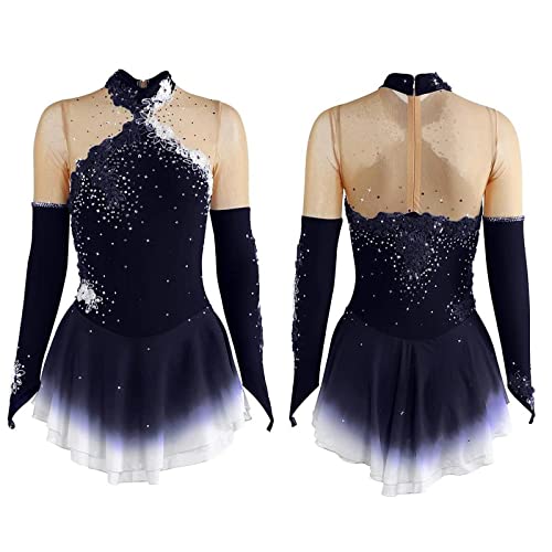 ZEDDG Eiskunstlaufkleid Damen Mädchen Eislaufkleid Spandex Hohe Elastizität Training Wettkampf Skating Kleid Handmade Ballett Tanz Trikot Navy-S