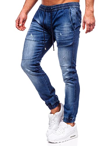 BOLF Herren Jeans Jogger Cargohose Denim Style Sweathose Jogg Used Look Jeanspants Destroyed Freizeit Casual Style Slim Fit Narrow Leg MP0078BS Dunkelblau S [6F6]