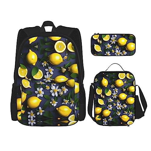 WURTON Lunchbox mit Zitronen- und Blumendruck, Federmäppchen, Rucksack-Set, 3-teilig, verstellbare Riemen, langlebig, leicht, Schwarz, One Size