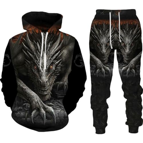 RIAAJ Männer Chinesischer Drache Hoodie 3D Gedruckt Lose Pullover Chinesischer Drache Sport Shirt Jogging Anzug Sport Set (F3,XL)