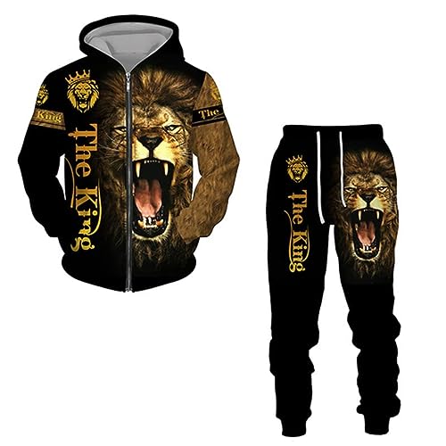 RIAAJ Herren 3D Lion Sweat Suit 2 Piece Outfit Sport Jogging Trainingsanzüge Set (A6,L)