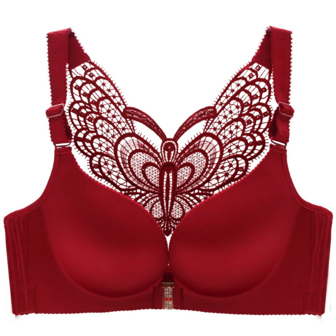 ZESLIV Damen BH Vorderverschluss ohne Bügel 80B Weinrot Push Up BH mit Schmetterlingsrückseite große größen Frauen Wohlfühl Bustier Spitzen Strass Bra