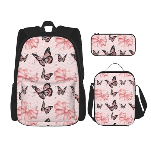 WURTON Schulrucksack-Set mit Schmetterlings-Motiv, 3-in-1, mit Lunchbox, Federmäppchen, Reise, Laptop, Tagesrucksäcke