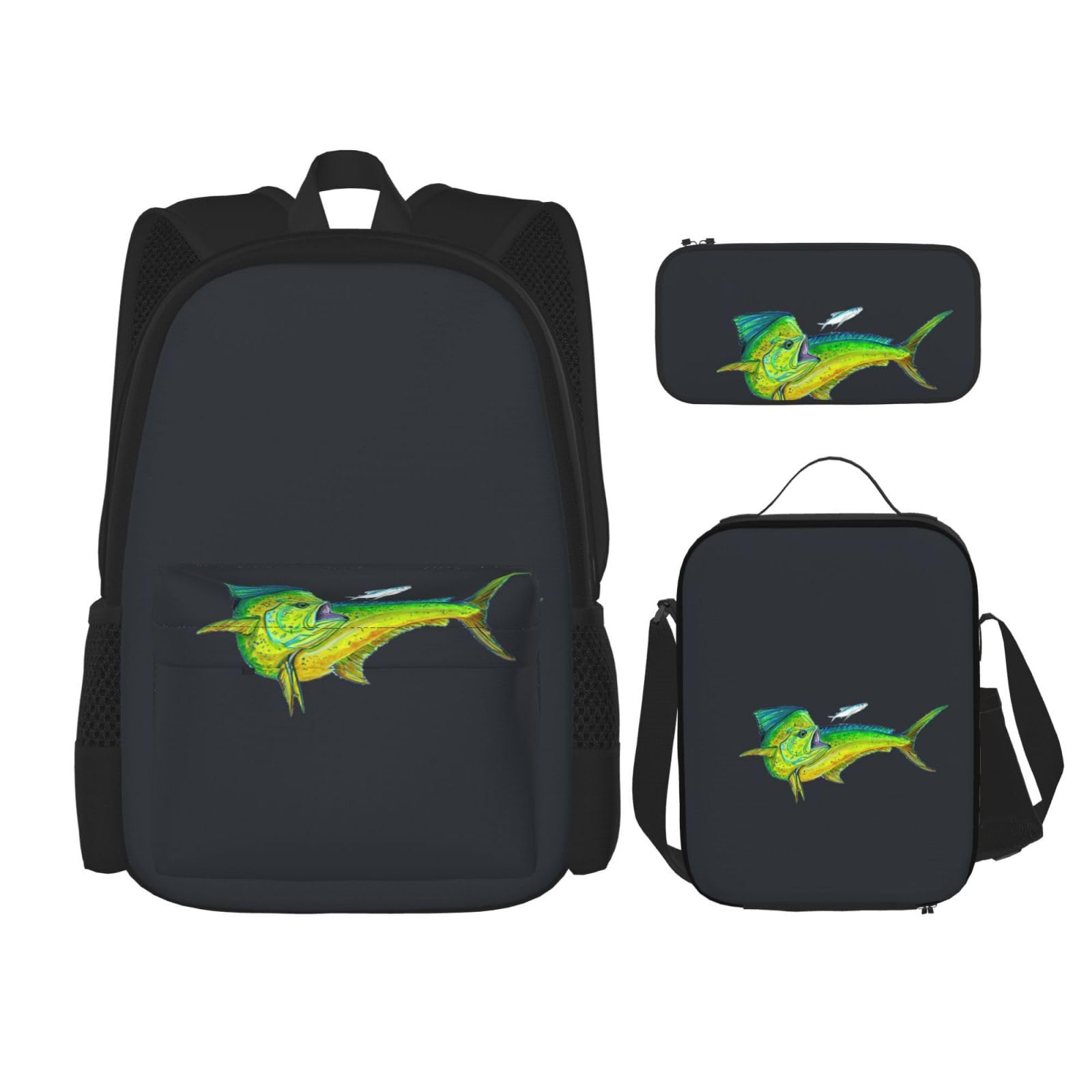 WURTON Schulrucksack-Set mit grünem Fisch-Druck, mit Lunchtasche, Federmäppchen, Kombination, Schultaschen-Set