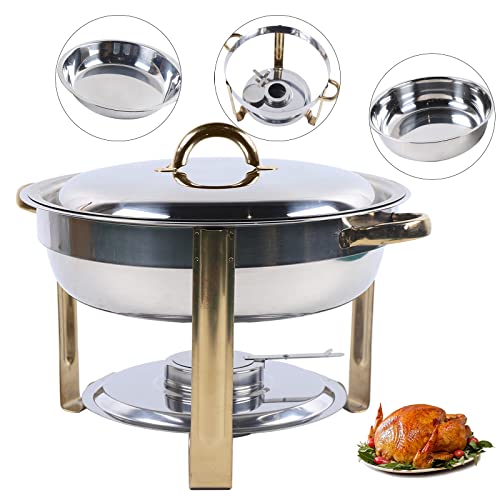 HuKaiL 4.3/6.3L Edelstahl Warmhaltebehälter, Rund Speisewärmer Chafing Dish Wärme/Kälteisolierung, Warmhaltegerät Buffetwärmer mit Ständer für Cafeterias, Hotel, Schulkantinen, Bankette, 42*34*30cm