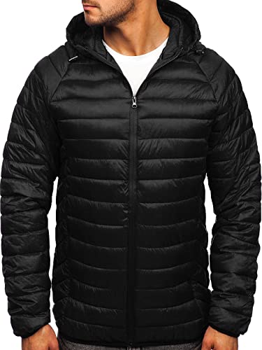 BOLF Herren Übergangsjacke Steppjacke mit Kapuze Daunenjacke Reißverschluss Sportjacke Zip Wärme Freizeit Outdoor Basic Casual Style J.Style 13021 Schwarz XXL [4D4]